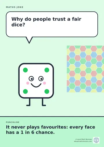 Cartoon maths joke poster. A smiling dice asks: "Why do people trust a fair dice?" Punchline: "It never plays favourites: every face has a 1 in 6 chance."