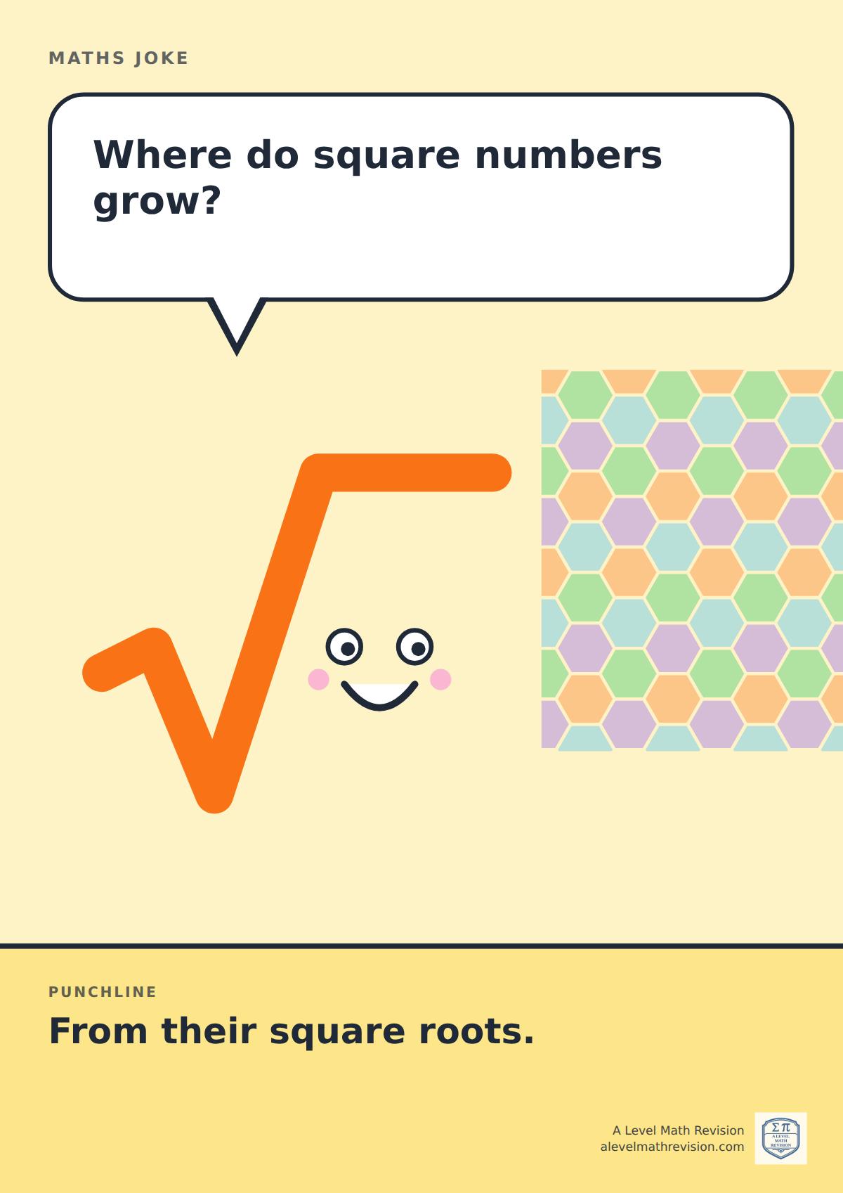 Cartoon maths joke poster. A smiling square-root sign asks: "Where do square numbers grow?" Punchline: "From their square roots."